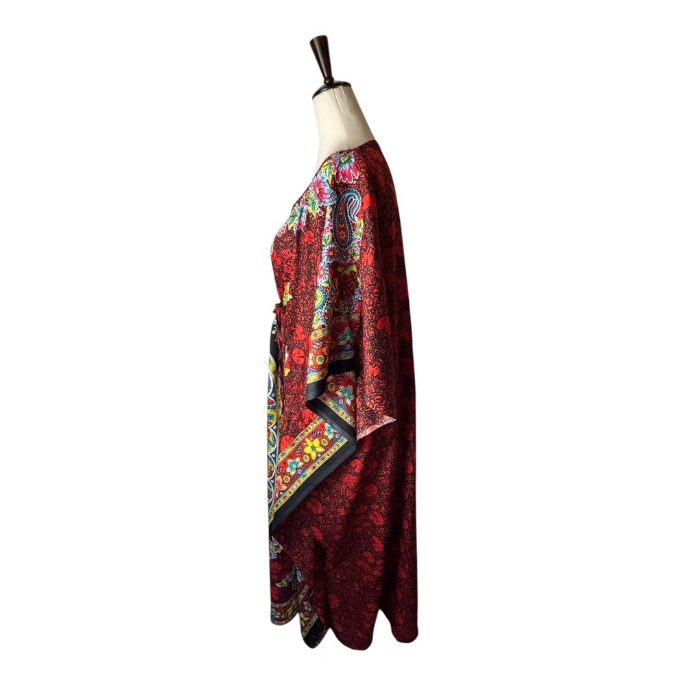 True Rock Caftan Dress Women OS Red Floral Print Maxi Kaftan Boho Coverup Kimono - Picture 5 of 10